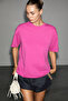 Lagertha women's 100% organic cotton thick textured oversize fit round neck fuchsia t-shirt - 2