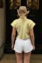 Yellow Stand Collar Shoulder Button Detail Front Asymmetrical Cross Fold Women's Crop Blouse - 5