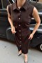Brown Vio Polo Collar Zero Sleeve Waist Draped Buttoned Women's Midi - 4