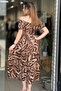 Women's Patterned Low Collar Gathered Waist Long Dress - 2
