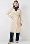 Women's Double-Breasted Collar Belted Cream Trench Coat - 2