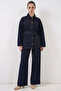 Women's Shirt Collar Belted Cotton Navy Blue Double Set - 3
