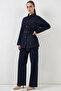 Women's Shirt Collar Belted Cotton Navy Blue Double Set