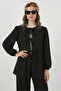 Women's Round Neck Regular Front Lace-Up Black Two-Piece Set