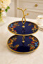 Real Gold Gilded Double Layer Glass Presentation Bowl Cookie Bowl Turkish Delight Bowl Chocolate Bowl Cobalt Blue Decorative Serving Stand 26-21 cm - 7