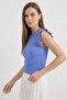 Women's Round Neck Ruffle Sleeve Blue Blouse - 2