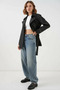 Women's Stand Collar Belted Double-Breasted Black Trench Coat - 2