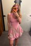 Women's Skirt with Embroidered Edge, Linen Textured, Halter Neck Mini Dress, Pink - 2