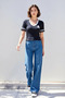Women's Polo Collar Letter Appliqué Basic Striped Sleeve Detail Knitwear Black T-Shirt - 4