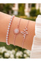3-Piece Women's Steel Bracelet Set Rose Gold Color Zircon Stone Sun and Zigzag Figured Jewelry Set