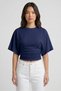 Navy Blue Crew Neck Gathered Waist Bat Sleeve Crop Blouse