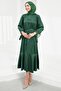 Emerald Green Stone Detailed Skirt with Flounces Satin Evening Dress - 3