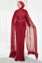 Burgundy Shoulder Cape Pearl Embellished Evening Dress - 4