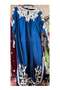 Teal Blue Embroidered Kaftan Dress with White Floral Embellishment, Long Sleeve, Flowing Maxi Style