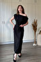Off-Shoulder Linen Midi Black Dress - 2