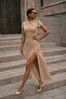 Women's Short Sleeve Court Collar Slit Midi Imported Crepe Dress - 3