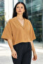 Women's Biscuit Color Short Sleeve Crop Shirt Jacket - Blazer Collar Off-Shoulder Loose Jacket