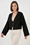 Women's V-Neck Tie-Front Linen Black Kimono - 2