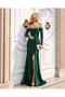 Emerald Stone Detailed Slit Satin Evening Dress 583404 - 6