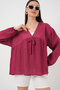 Women's Lace-Up Front Long Sleeve Blouse 1446 - Burgundy - 3