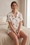 Teddy Bear Patterned Ruffled Ecru Shorts Short Sleeve Pajama Set - 3