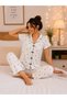 Women's White Heart Patterned Buttoned Pajama Set Long Leg Home Wear - 2