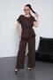 Women's Bitter Brown Lace Detailed Belted Top and Bottom Set Pc083 - 6