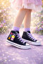 Meow Cat Printed Lilac Lace-Up Black Kids Sneakers - 2
