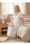 New Season Ecru Comfortable Cut with Breastfeeding Feature, Scallop Linen Detailed Design, Short Sleeve, 100% Cotton Maternity Dressing Gown Nightgown Set - 8