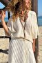 Beige V-Neck Bat Sleeve Textured Shabby Stitched Loose Woven Blouse 60 70
