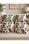 Beige Background with Burgundy Floral and Leaf Pattern Digital Printed Set of 4 Throw Pillow Covers