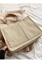 Women's Large Corduroy Tote Bag with Leather Handle and Long Shoulder Strap with Front Pockets - Beige - 7