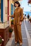 Women's Plus Size Linen Blend Shirt and Pants Set, High Collar, Long Sleeve, Belt Detail, Comfortable - 2