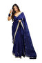Navy Blue Organza Silk Saree with Embroidered Border-FFT8009-Navy Blue