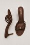 Women's Brown Satin Gold Buckle Short Heeled Slippers