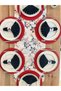 American Service Set, New Season, Sakura Pattern, Red 6 Placemats, Navy Blue 6 Napkins, 6 Napkin Rings and Runner Cover - 3
