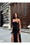 Women's Black Adjustable Strap Eyelet Detailed Slit Midi Dress Yel0950 - 2