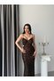 Brown Waist-Tied Strappy Long Evening Dress - 4