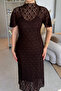 Elegant Midi Brown Lace Dress with High Collar Lining - 8