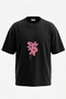 Pink Flowers Design Back Printed Cotton Black Oversize T-Shirt