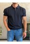 Men's Openwork Detailed Regular Fit Zippered Polo Collar Tshirt Navy Blue Eca081