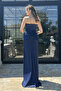 Women's Navy Blue Strapless Collar Corseted Glittering Long Evening Dress - 5