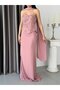 Powder Strapless Floral Motif Shawl Detailed Long Evening Dress - 4