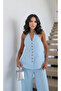 Women's Backless Linen Button Detailed Halter Neck Suit - 2