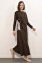 Women's Round Neck Scarf Detailed Patterned Brown Double Set - 4
