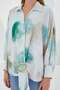 Women's Belted Draped Oversized Patterned Satin Green Ecru Shirt - 4