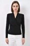 Women's Double-Breasted Collar Black Blouse with Shoulder Padding