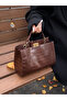 Coffee Brown Croc-Embossed Top Handle Handbag - 3