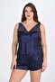 Women's Plus Size Satin Navy Blue Shorts Pajama Set