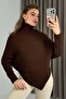 Women's Turtleneck Asymmetrical Cut Sweater Brown